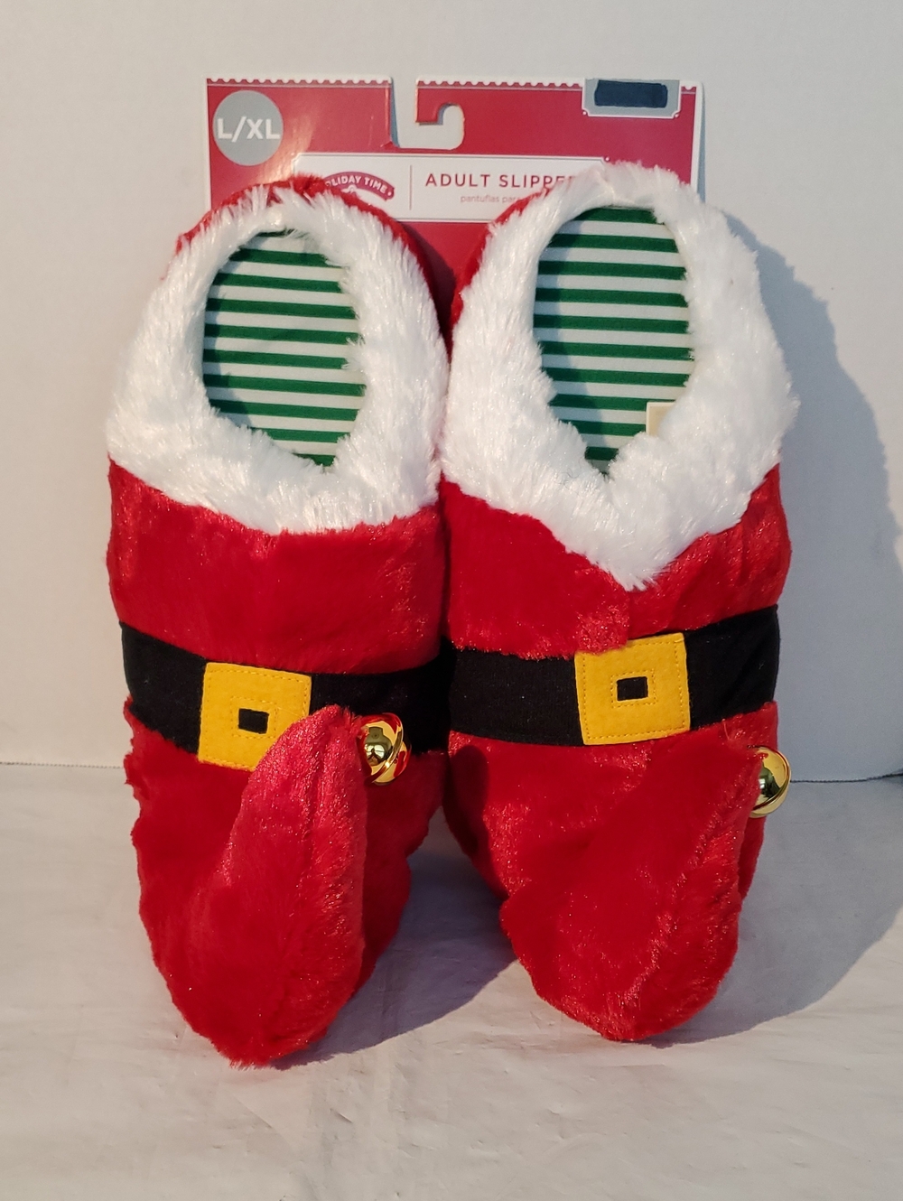 Holiday Santa Belt Plush Slippers - Red & White